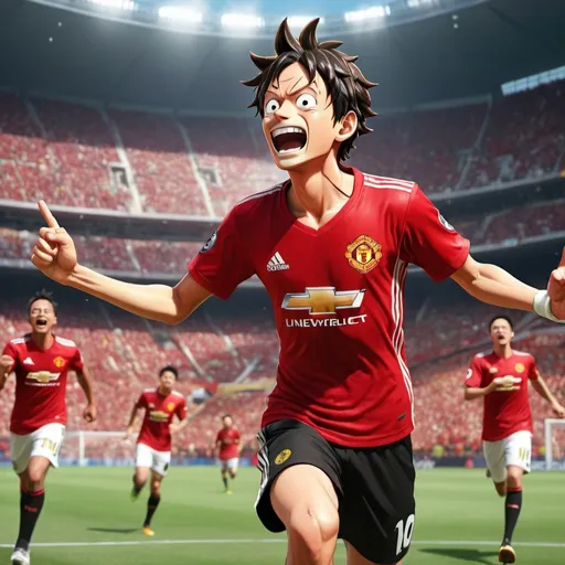 Prompt: Luffy from One Piece celebrating a goal, wearing a current Manchester United jersey, joyful expression, dynamic pose, vibrant colors, (energetic atmosphere), background depicting a stadium filled with cheering fans, daylight creating a lively vibe, high detail, (4K resolution), capturing the excitement of victory, sense of teamwork and sportsmanship.