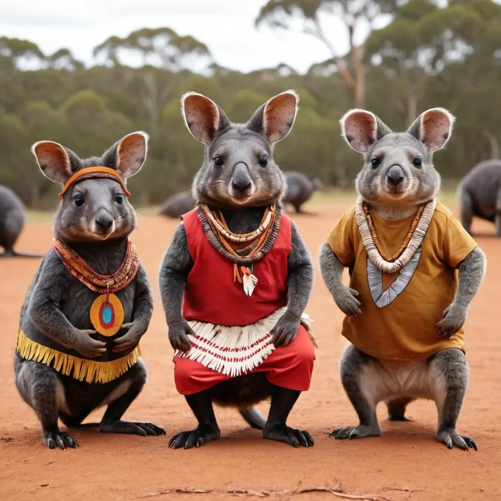 Prompt: a group of Australian animals with aboriginal outfits
