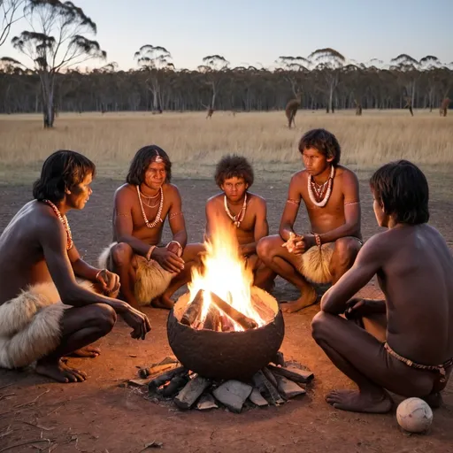 Prompt: An aboriginal tribe sitting around a campfire next to a ball made out of kangaroo fur.