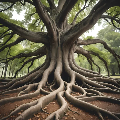 Prompt: A large tree with massive roots that are spread out and each root represents the different deliverables on an IT project
