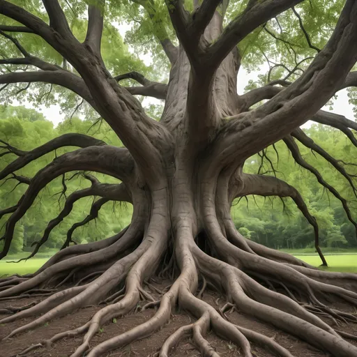 Prompt: A large tree with massive roots that are spread out and each root represents a different project deliverables and there is a stream that flows to the tree and you can see the entire top of the tree.  One root says OneCVM Showcase