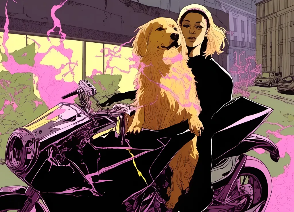 Prompt: <mymodel> lovecraft azathoth neon magenta plasma lasers madness shapeless occult， A beauty holding a dog riding on a motorcycle，Smooth hair，golden retriever