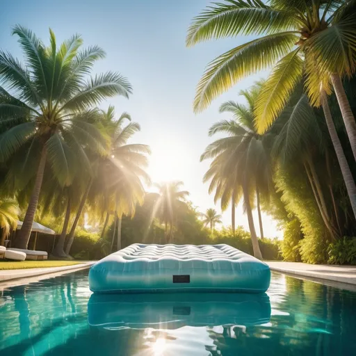 Prompt: (A serene scene of an air mattress in a pool), tranquil blue water, gentle ripples reflecting sunlight, summer vibes, peaceful ambiance, floating lazily, surrounded by green palm trees, shimmering light reflections, soft sunlight creating warm highlights, crystal clear water, idyllic afternoon setting, ultra-detailed, high definition, cinematic depth, inviting summer atmosphere.