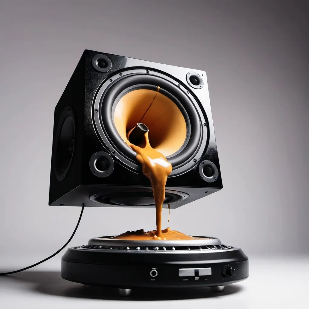 Prompt: smooth gravy pouring out of big speaker playing music