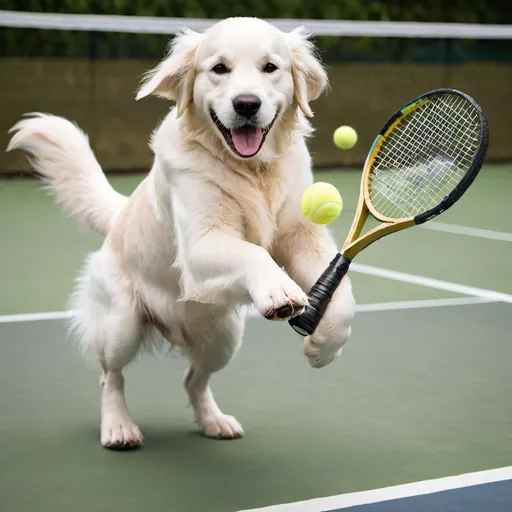 Prompt: white golden retriever playing tennis