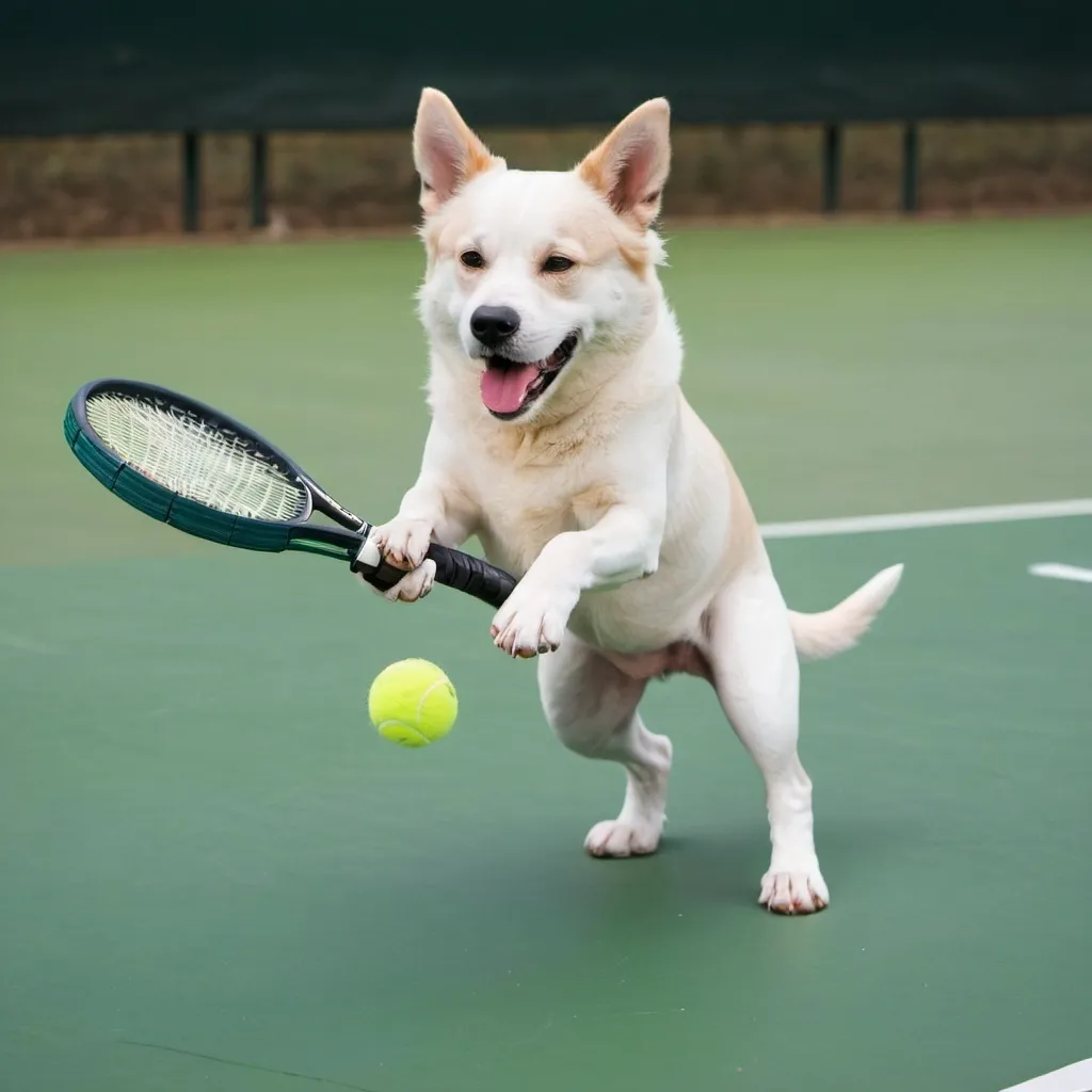 Prompt: a dog playing tennis
