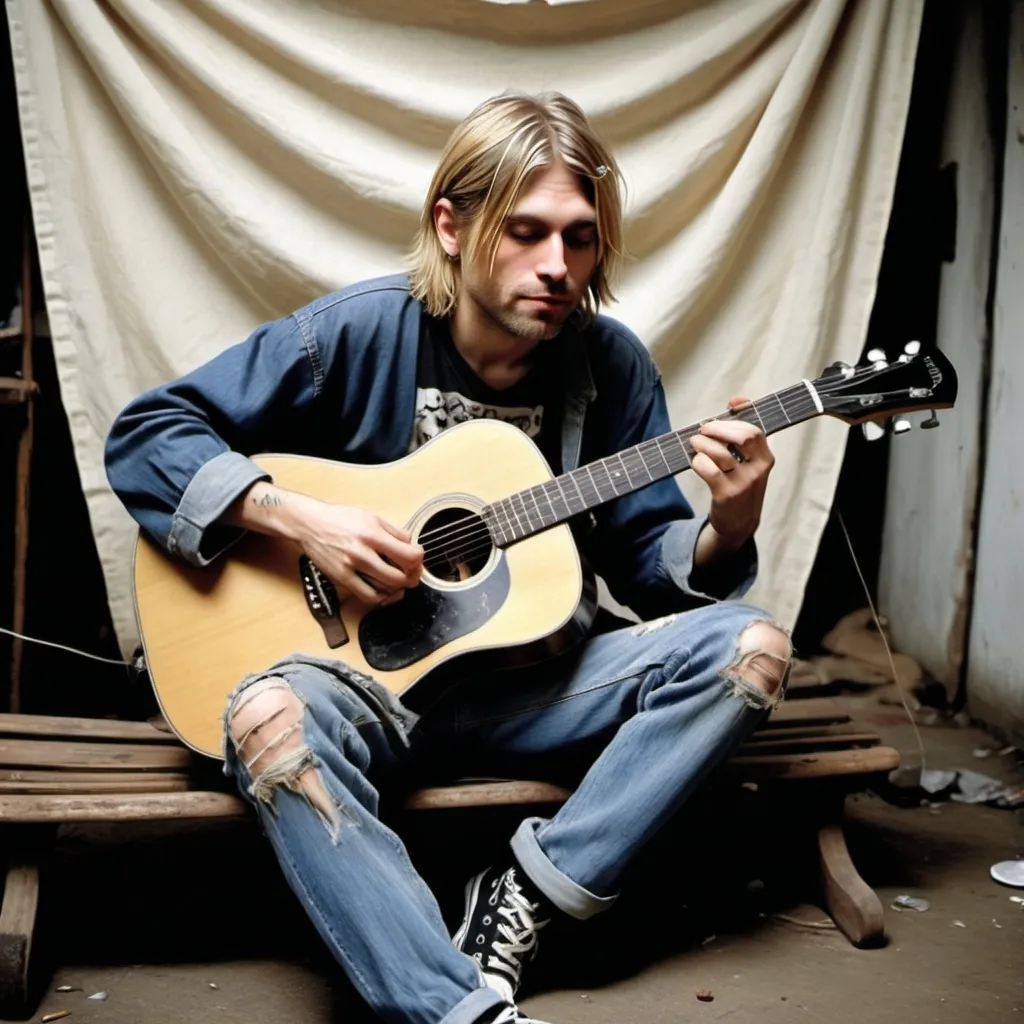 Prompt: 5d.Kurt cobain acoustic plays the guitar.Clothing batik long hands, blue jeans belel torn, converse shoes that is torn, sebahu longish hair, whiskered and thin beard, sitting in a chair.His background white and the black banners ' no drugs, mending ngopi aja', the realistic cartoons, full body