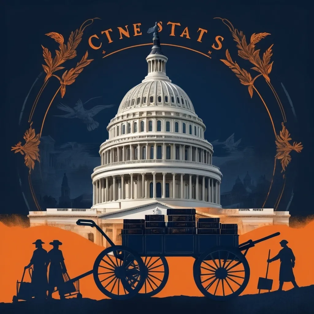 Prompt: (cover design), dark blue background, (bright orange accents), detailed depiction of the US Capitol, (historical representation) of pioneers with hand cart, (books of scripture) scattered around, a small Cross placed centrally, (symbolic elements), moody ambiance, (high quality 4K), evocative atmosphere, creative composition.