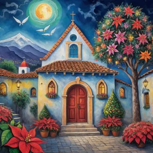 Prompt: (Chagall-inspired surreal scene), restaurant, Christmas card, charming Ajijic Mexican village plaza, church, restaurant,  walls adorned with flowers,, graceful wings,  surrounded by vibrant flowers, poinsettias, tables with  umbrellas, wreath, majestic avocado tree in front, enchanting magical Christmas tree, Christmas lights, Mexican style, atmosphere, dreamy mountains in the background, swirly moonlight sky, (vivid colors), (4K, ultra-detailed), (cubist, whimsical).