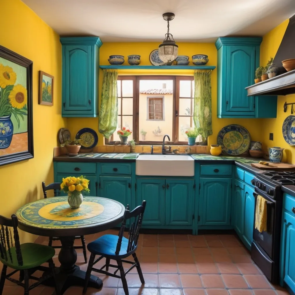 Prompt: In style of Van Gogh painting 
Charming Mexican casita interior, bright yellow kitchen walls,  blue and green, cabinets, art on wall ,
talavera, tuxedo cat, dishes,windows, lace curtains, flowers, black, round table with floral pattern




