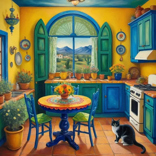 Prompt: oil Painting, playful, surrealist style), (Marc Chagall inspired), vibrant Mexican kitchen, yellow walls, blue and green cabinets, sunny, plants, 
whimsical flowers, round table with chairs, stove, Freida Kahlo 
delicate lace curtains,tuxedo cat, magical ambiance, rich textures, expressive colors, ethereal lighting, dreamy atmosphere, high quality, ultra-detailed, captivating composition.rustic, talavera
