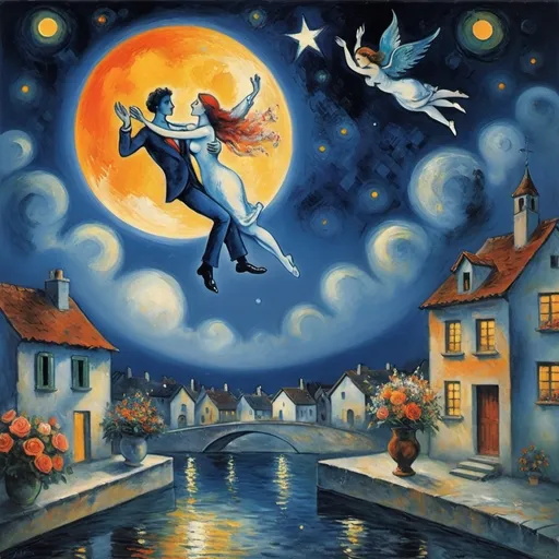 Prompt: Two lovers floating together in the night sky), (Marc Chagall surrealist style), full moon, stars, woman reaching up on wings of longing from
balcony,  overlooking charming village, soft reflections on tranquil water, vibrant flowers surrounding the scene, dreamlike ambiance, romantic mood,  tuxedo cat and orange cat, male lover offers bouquet of flowers lillies and roses
painterly quality, artistic expression, whimsical elements, enchanting atmosphere, 4K ultra-detailed clarity.