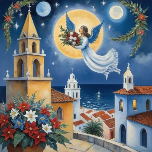 Prompt: Christmas painting in playful primitive surrealist 
Marc Chagall cubist 
style), soft moonlit sky above Puerto Vallarta, Mexico plaza with beautiful floral bouquet,Mexican church playful milky moon, ,  harlequin,  beautifully arranged bouquet, flowers . fiddler in sky, wreath
whimsical and dreamy atmosphere,  cool tones of blue and white, soft glowing lights, soft colors,  enchanting starry night sky, infused with magic and love. Winged cats, angels, Christmas, navidad ,poinsettas, Virgen of Guadeloupe church with crown steeple
