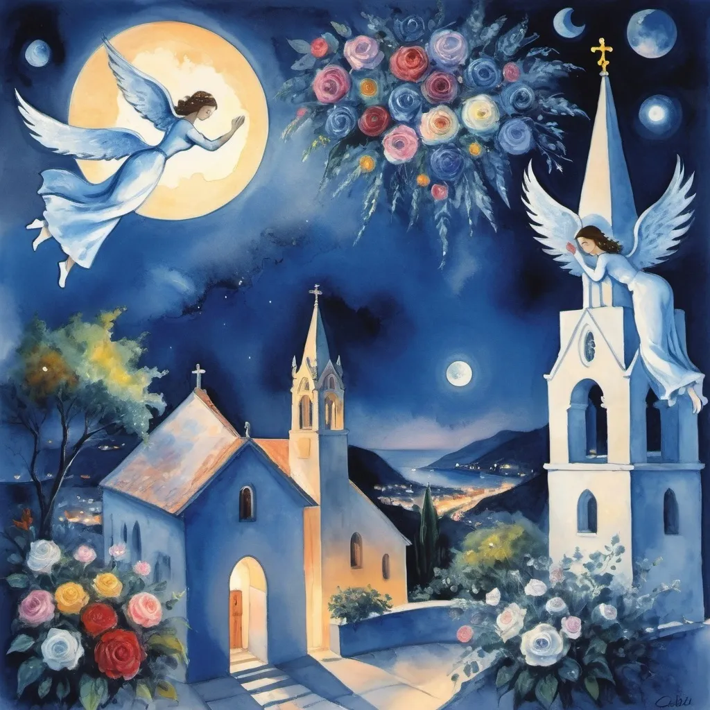 Prompt: (Watercolor Painting in playful primitive surrealist 
Marc Chagall style), 2 lovers float in soft moonlit sky above Virgen de Guadelupe church  Puerto Vallarta with beautiful floral bouquet, playful milky moon, rmisty 
omantic scene,  balcony below, male offers woman beautifully arranged bouquet, flowers . fiddler in sky
whimsical and dreamy atmosphere,  cool tones of blue and white, soft glowing lights,impressionistic, soft colors, swirly enchanting night sky, infused with magic and love. Winged cats, angels
