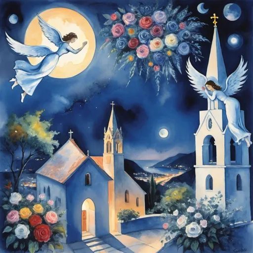 Prompt: (Watercolor Painting in playful primitive surrealist 
Marc Chagall style), 2 lovers float in soft moonlit sky above Virgen de Guadelupe church  Puerto Vallarta with beautiful floral bouquet, playful milky moon, rmisty 
omantic scene,  balcony below, male offers woman beautifully arranged bouquet, flowers . fiddler in sky
whimsical and dreamy atmosphere,  cool tones of blue and white, soft glowing lights,impressionistic, soft colors, swirly enchanting night sky, infused with magic and love. Winged cats, angels
