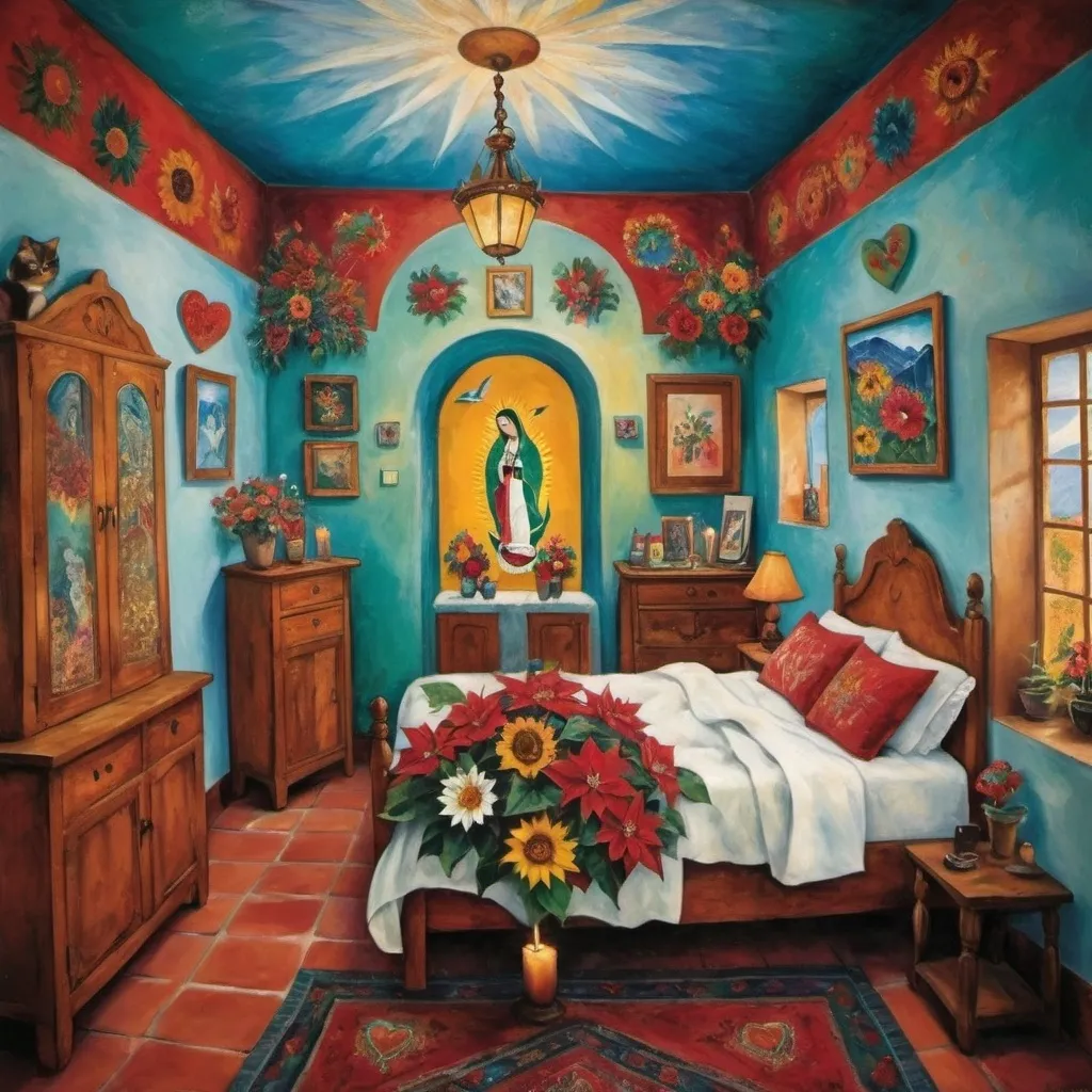 Prompt: (Marc Chagall painting cubist primitive 
surrealism style charming Mexican casita bedroom, Mexican Christmas, tin Christmas tree, lights,virgin of Guadalupe,  painted flowers, white walls, arched windows,, turquoise bedspread hearts, Tuxedo cat, Mexican textiles, whimsical ambiance, tile roof, turquoise armoire with painted flowers, glowing, delicate wings, bright flowers, playful cats, enchanting atmosphere, poinsettias, magical, sunflowers, lace curtains, harlequin  tuxedo cat, Freida Kahlo influences, guitar, angel, mountains, candles, cozy pillows, ultra-detailed, magical charm, artistic masterpiece.