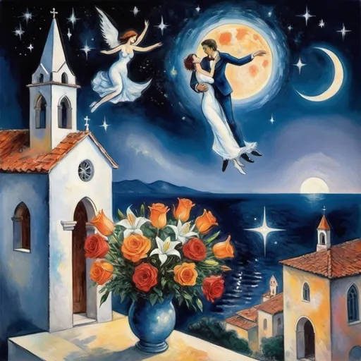 Prompt: Two lovers floating together in the night sky), (Marc Chagall surrealist style), full moon, stars, woman reaching up on wings of longing from
balcony,  overlooking Puerto Vallarta, church of the virgin of Guadalupe
water, vibrant flowers surrounding the scene, dreamlike ambiance, romantic mood,  tuxedo cat and orange cat, male lover offers bouquet of flowers stargazer lillies and soft roses
painterly quality,whimsical elements, enchanting atmosphere, 4K ultra-detailed clarity.