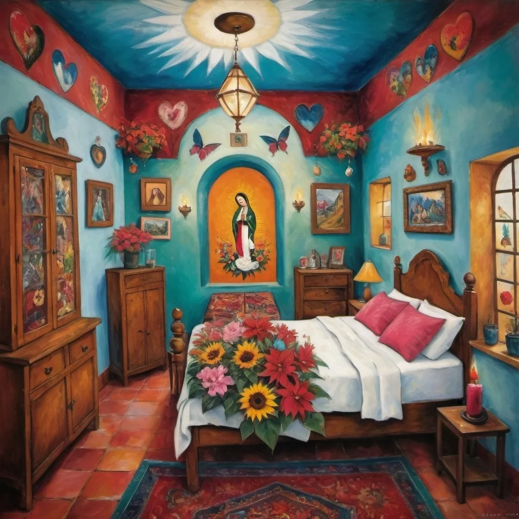 Prompt: (Marc Chagall painting cubist primitive 
surrealism style charming Mexican casita bedroom, Mexican Christmas, tin Christmas tree, lights,virgin of Guadalupe,  painted flowers, white walls, arched windows,, turquoise bedspread hearts, Tuxedo cat, Mexican textiles, whimsical ambiance, tile roof, turquoise armoire with painted flowers, glowing, candles,delicate pink wings, bright flowers, playful cats, enchanting atmosphere, poinsettias, magical, sunflowers, lace curtains, harlequin  tuxedo cat, Freida Kahlo influences, guitar, angel, mountains, candles, cozy pillows, ultra-detailed, magical charm, artistic masterpiece.