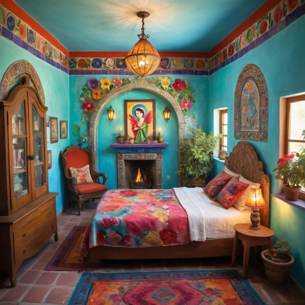 Prompt: (Marc Chagall inspired), (cubist surrealism), charming Mexican casita bedroom, painted flowers on walls, arched windows, vivid colors, turquoise bedspread, Mexican textiles, whimsical ambiance, tile roof, turquoise floral armoire, glowing, delicate wings, bright flowers, playful cats, large avocado tree, enchanting atmosphere, lace curtains, Freida Kahlo influences, angel, candle cozy pillows, ultra-detailed, magical charm, artistic masterpiece.