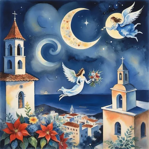 Prompt: (Watercolor Painting in playful primitive surrealist 
Marc Chagall cubist 
style), 2 lovers float in soft moonlit sky above  Puerto Vallarta with beautiful floral bouquet, playful milky moon, misty 
romantic scene,  harlequin, balcony below, male offers woman beautifully arranged bouquet, flowers . fiddler in sky
whimsical and dreamy atmosphere,  cool tones of blue and white, soft glowing lights,impressionistic, soft colors, swirly enchanting night sky, infused with magic and love. Winged cats, angels, Christmas, navidad ,poinsettas, Virgen of Guadeloupe church with crown steeple
