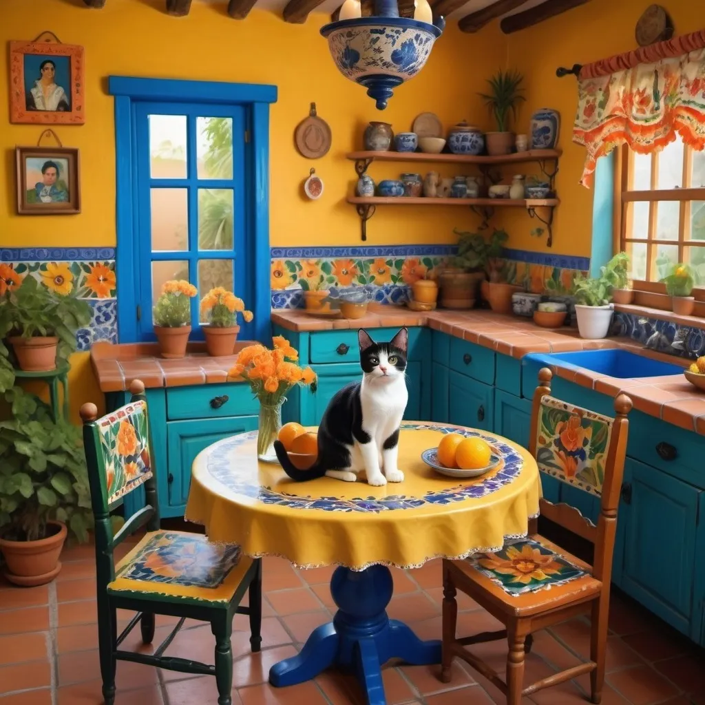 Prompt: (charming Mexican casita kitchen), bright yellow walls, traditional blue and green cupboards, colorful flowers, decorative Talavera tiles, two adorable cats (furry tuxedo cat and an orange cat), charming lace curtains, cozy round table with floral pattern, freida kahlo, warm ambiance, ultra-detailed, inviting atmosphere, lively and cheerful setting, perfect for a kitchen scene, 4K quality.Romantic Mexican painting