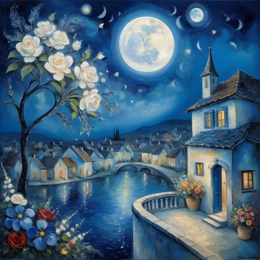 Prompt: (Chagall style), lovers floating in the night sky, (milky moon over village), romantic balcony scene, serene water below, vibrant flowers surrounding, heartfelt embrace, delicate hands joined, beautifully arranged bouquet, whimsical and dreamy atmosphere, cool tones of blue and white, soft glowing lights, high detail, vibrant colors, enchanting night sky, infused with magic and love.