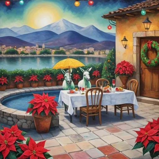 Prompt: (Marc Chagall-inspired surreal scene, primitive, Christmas card, charming stone Mexican outdoor restaurant, white donkey wearing festive hat, beautiful large pool, lake in background, tables with umbrellas, flowers on the tables, Christmas time, sign that says YVES, walls adorned with painted flowers, tile roof, lovers floating in the whimsical sky, graceful wings, grass, surrounded by vibrant flowers, , poinsettia, wreath, majestic avocado tree in front, enchanting magical, twinkling Christmas lights, Mexican style, atmosphere, dreamy mountains in the background, swirly   sky, (vivid colors), (4K, ultra-detailed), (cubist, whimsical).