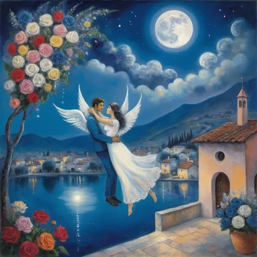 Prompt: (Chagall surrealist style), lovers floating in above Ajijic village in the night sky, (milky moon, soft colors, romantic balcony scene, serene lake below, vibrant flowers surrounding, male lover bends down from sky to offer woman beautifully arranged bouquet, whimsical and dreamy atmosphere, cool tones of blue and white, soft glowing lights, high detail, vibrant colors, enchanting night sky, infused with magic and love. Winged cats and angels, flowers in the sky