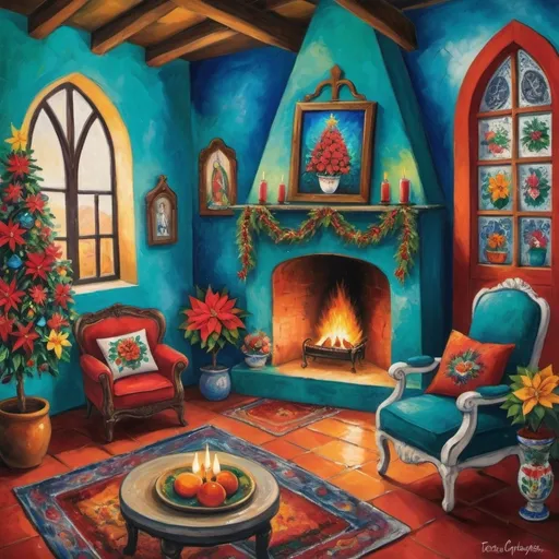 Prompt: Marc Chagall style (Painting of Mexican Casita interior), Christmas card, small quaint cozy cottage living room, (chimney fireplace with fire), beautiful flowers, lace curtains, Talavera, turquoise, arched windows, tuxedo cat, white sofa with colorful pillows, flower-patterned armchair, Talavera ceramics, virgen of Guadalupe sunshine, Christmas tree, wreath, candles, poinsettias, filtering in, birds nearby, (surrealist whimsical expressionist painting style), inspired by Frida Kahlo and Marc Chagall, vibrant colors, detailed textures, (4K ultra-detailed ambience), cozy and eclectic atmosphere.