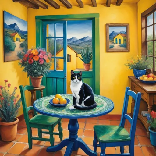 Prompt: primitive Painting, playful, expressionist 
surrealist style), Marc Chagall inspired), vibrant Mexican casita kitchen, yellow walls, blue and green cabinets, sunny, plants, quaint
whimsical flowers, round table with chairs, stove, Frieda Kahlo , rustic, sunny
delicate lace curtains,tuxedo cat, magical ambiance, rich textures, expressive colors, ethereal lighting, dreamy atmosphere, high quality, ultra-detailed, captivating composition.rustic, talavera
