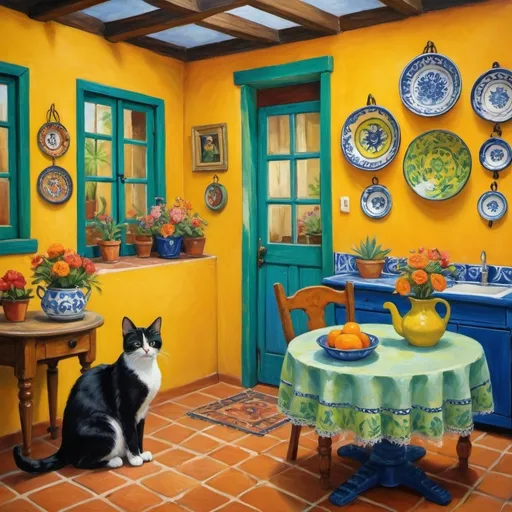 Prompt: Painting in Impressionist Style

Charming Mexican casita interior, bright yellow kitchen walls,  blue and green, cabinets, art on wall ,
talavera, fluffy tuxedo kitten and orange cat, dishes,windows, lace curtains, flowers, black, round table with floral pattern, Freida Kahlo portrait, painting





