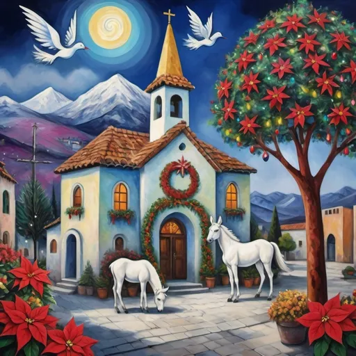 Prompt: (Chagall-inspired surreal scene), restaurant, Christmas card, charming Mexican village plaza, church, restaurant,  walls adorned with flowers,, graceful wings, white burro with fancy Christmas hat, surrounded by vibrant flowers, poinsettias, tables with  umbrellas, wreath, majestic avocado tree in front, enchanting magical , Christmas tree, Christmas lights, Mexican style, atmosphere, dreamy mountains in the background, swirly moonlight sky, (vivid colors), (4K, ultra-detailed), (cubist, whimsical).