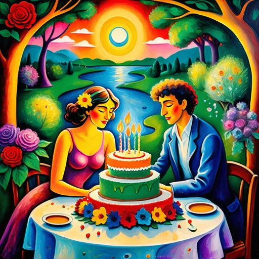 Prompt: (Marc Chagall style) whimsical birthday cake with candles, vibrant outdoor dining table exuding (Mexican flair), expressive happy young couple in love e sitting closely, surrounded by colorful flowers and lush trees, serene pond nearby, invoking primitive and surreal atmosphere, Magical sky with angels above high depth colors, dreamlike ambiance, (ultra-detailed) expressionist elements, playful perspective, (rich textures), enchanting celebration scene.