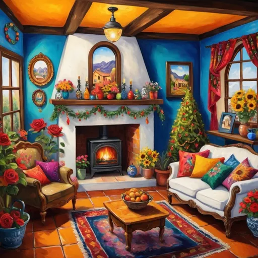 Prompt: (Painting of Mexican Casita interior), small quaint cozy cottage living room, (chimney fireplace with fire), beautiful flowers, lace curtains, arched windows, tuxedo cat, white sofa with colorful pillows, flower-patterned armchair, poinsettias, sunflowers, Christmas tree, wreath, garland, glowing, magical, Talavera ceramics, bright sunshine filtering in, birds nearby, (surrealist whimsical expressionist painting style), inspired by Frida Kahlo and Marc Chagall, vibrant colors, detailed textures, (4K ultra-detailed ambience), cozy and eclectic atmosphere.