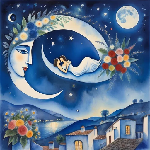 Prompt: (Watercolor Painting in playful primitive surrealist 
Marc Chagall style), a couple, lovers float in soft starry night sky above Ajijic Mexico with beautiful floral bouquet, playful milky moon, misty 
romantic scene,  balcony below, male offers woman beautifully arranged bouquet, whimsical and dreamy atmosphere,  cool tones of blue and white, soft glowing lights,impressionistic, soft colors, swirly enchanting night sky, infused with magic and love. Winged cats, angels