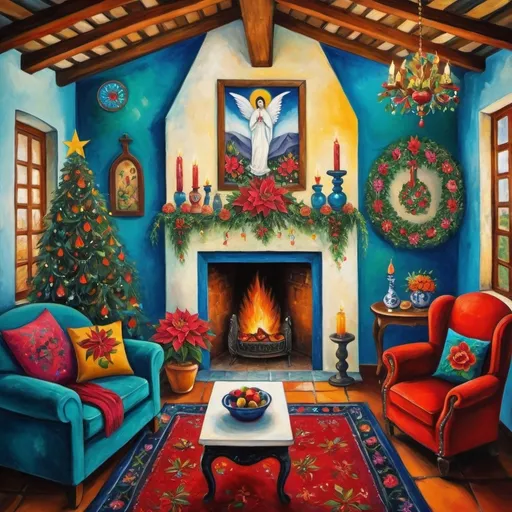 Prompt: Marc Chagall style (Painting of Mexican Casita interior), Christmas card, small quaint cozy cottage living room, (chimney fireplace with fire), beautiful flowers, lace curtains, Talavera, angels , turquoise, arched windows, tuxedo cat, white sofa with colorful pillows, flower-patterned armchair, Talavera ceramics, virgen of Guadalupe, Christmas tree, wreath, candles, poinsettias, light filtering in, birds nearby, (surrealist whimsical expressionist painting style), inspired by Frida Kahlo and Marc Chagall, vibrant colors, detailed textures, (4K ultra-detailed ambience), cozy and eclectic atmosphere.