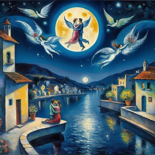 Prompt: lovers floating together in the night sky), (Marc Chagall surrealist style), full moon, stars, woman reaching up on wings of longing from
balcony,  overlooking Mexican village, soft reflections on tranquil water, vibrant flowers surrounding the scene, dreamlike ambiance, romantic mood,  painterly quality, artistic expression, whimsical elements, enchanting atmosphere, 4K ultra-detailed clarity.