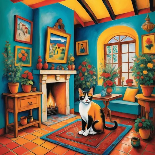 Prompt: Marc Chagall style painting of charming, traditional small, cozy, yellow walls, turquoise, colorful, artsy boho chic, Spanish Colonial style Mexican Casita), charming interior, Christmas decor, poinsettas, 
 cozy sitting room,  tuxedo cats,combined kitchen and dining room, (brick ceilings), (terra-cotta floors), Frieda Kahlo, 
colorful decor, inviting ambiance, well-structured layout, (cozy and homely atmosphere), high-quality design, lace curtains sunlight streaming in, enhancing architectural features. Tile roof. Arched windows.