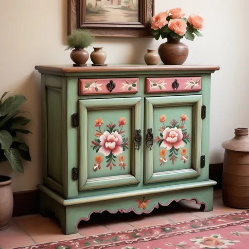 Prompt: Mexican painted chest, showcasing two upper drawers and two cabinet doors below, , celadon green doors adorned with intricate artisan elegant flowers, soft floral painting featuring soft deep rose, and white flowers, creating an inviting ambiance, highlighting artistic craftsmanship and elegant design, evoking a nostalgic feel, ultra-detailed, high quality, warmly-lit, rich textures, atmospheric, traditional yet refined elegance.