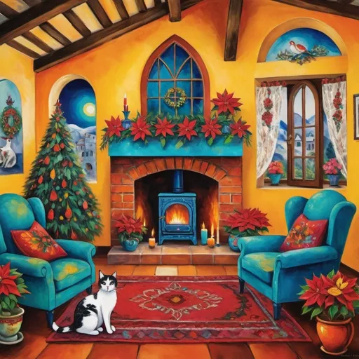 Prompt: Marc Chagall style (Painting of Mexican Casita interior), Christmas card, small quaint cozy cottage living room, (chimney fireplace with fire), beautiful flowers, lace curtains, Talavera, turquoise, arched windows, tuxedo cat, white sofa with colorful pillows, flower-patterned armchair, Talavera ceramics, virgen of Guadalupe sunshine, Christmas tree, wreath, candles, poinsettias, filtering in, birds nearby, (surrealist whimsical expressionist painting style), inspired by Frida Kahlo and Marc Chagall, vibrant colors, detailed textures, (4K ultra-detailed ambience), cozy and eclectic atmosphere.