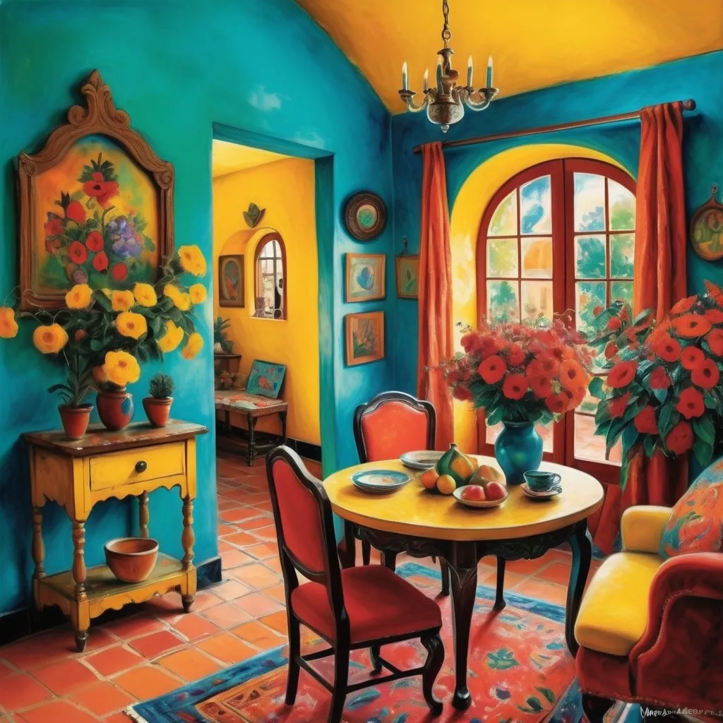 Prompt: Marc Chagall style painting of charming, traditional small, cozy, yellow walls, turquoise, colorful, artsy boho chic, Spanish Colonial style Mexican Casita), charming interior,Christmas, poinsettas, 
 cozy sitting room,  tuxedo cats,combined kitchen and dining room, (brick ceilings), (terra-cotta floors), Frieda Kahlo, 
colorful decor, inviting ambiance, well-structured layout, (cozy and homely atmosphere), high-quality design, lace curtains sunlight streaming in, enhancing architectural features. Tile roof. Arched windows.