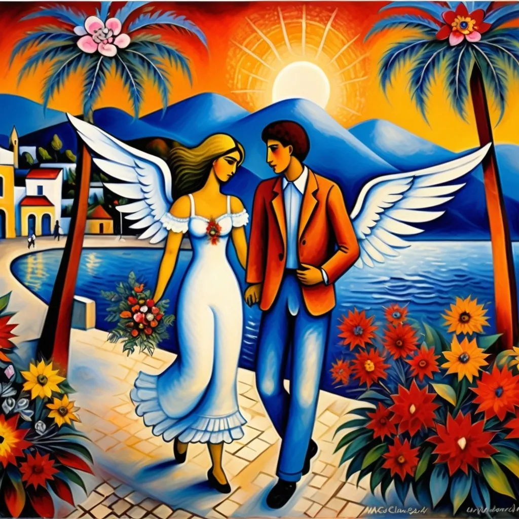 Prompt: Christmas scene card), (Marc Chagall influence, surrealist , expressionistic, primitive,  two lovers  strolling the malecón, Ajijic, Mexico, Lake Chapala, beautiful sunset, flowering  trees, poinsettas, 
palm trees, whimsical ambiance, magical atmosphere, soft tones of blue and white, sunset, artistic fantasy, angels in sky, intricate floral details, dreamy sky, 4K, ultra-detailed illustration.