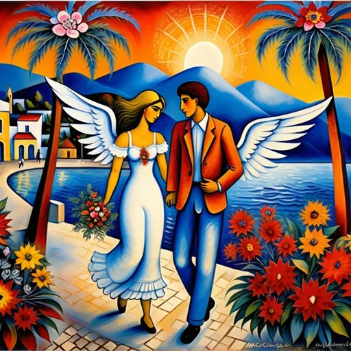 Prompt: Christmas scene card), (Marc Chagall influence, surrealist , expressionistic, primitive,  two lovers  strolling the malecón, Ajijic, Mexico, Lake Chapala, beautiful sunset, flowering  trees, poinsettas, 
palm trees, whimsical ambiance, magical atmosphere, soft tones of blue and white, sunset, artistic fantasy, angels in sky, intricate floral details, dreamy sky, 4K, ultra-detailed illustration.