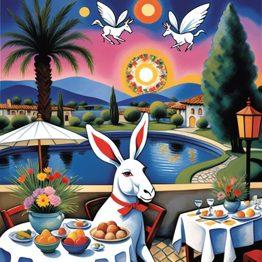 Prompt: Marc Chagall-inspired  Easter card, charming stone Mexican outdoor restaurant, white donkey with Easter bonnet , rabbit chef, beautiful large pool, lake in background, tables with umbrellas, palm and cypress 
trees with twinkling lights, evening sunset, dusk, flowers on the tables, walls adorned with painted flowers, tile roof, lovers floating in the whimsical sky, graceful wings, grass, surrounded by vibrant flowers pots around pool, enchanting magical, twinkling  lights, Mexican style, atmosphere, dreamy mountains in the background, swirly  sky,(4K, ultra-detailed), 