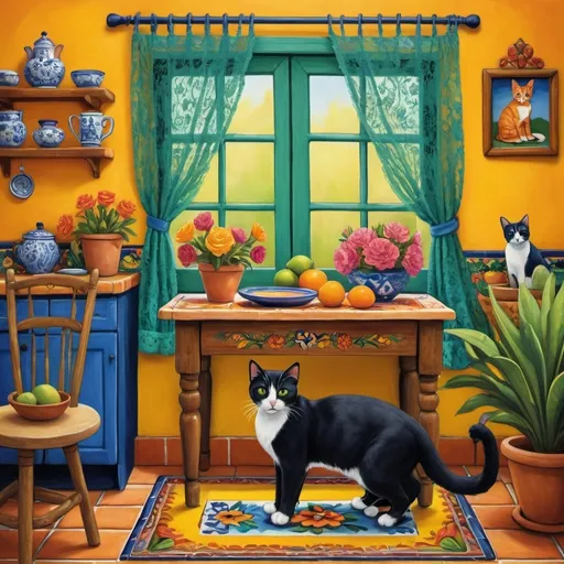 Prompt: Primitive style painting of Mexican casita kitchen), vibrant bright yellow walls, (traditional blue and green cupboards), colorful flowers, (decorative Talavera tiles), two adorable cats (furry tuxedo cat and an orange cat), (delicate lace curtains), cozy round table with a floral pattern, inspired by (Frida Kahlo's artistic style), warm and cheerful ambiance, (ultra-detailed), reminiscent of a serene Mexican home.