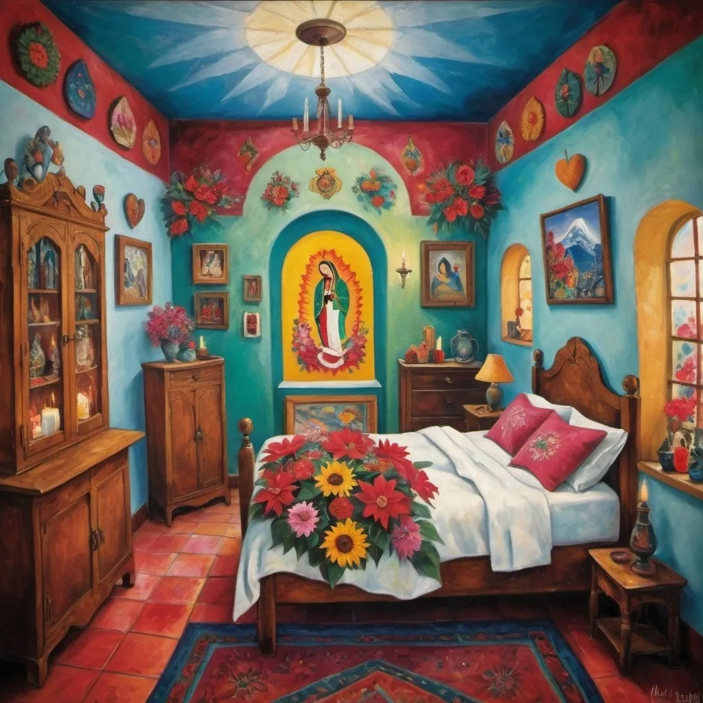 Prompt: (Marc Chagall painting cubist primitive 
surrealism style charming Mexican casita bedroom, Mexican Christmas, tin Christmas tree, lights,virgin of Guadalupe,  painted flowers, white walls, arched windows,, turquoise bedspread hearts, Tuxedo cat, Mexican textiles, whimsical ambiance, tile roof, turquoise armoire with painted flowers, glowing, candles,delicate pink wings, bright flowers, playful cats, enchanting atmosphere, poinsettias, magical, sunflowers, lace curtains, harlequin  tuxedo cat, Freida Kahlo influences, guitar, angel, mountains, candles, cozy pillows, ultra-detailed, magical charm, artistic masterpiece.