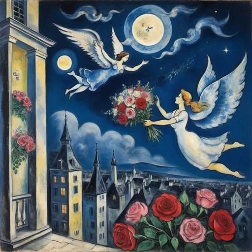 Prompt: chagall style. Lovers floating  together in the night moonlit sky. male gives female a bouquet. Balcony below from which woman rose up on wings

