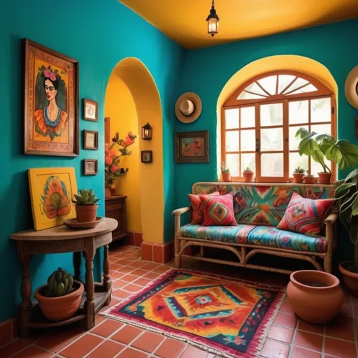 Prompt: (charming traditional small, cozy, yellow walls, Frieda Kahlo, turquoise colorful, artsy boho chic Spanish Colonial style Mexican Casita), charming interior, two bedrooms, two bathrooms, cozy sitting room, White walls combined kitchen and dining room, (brick ceilings), (terra-cotta floors), colorful decor inviting ambiance, well-structured layout, (cozy and homely atmosphere), high-quality design, lace curtains sunlight streaming in, enhancing architectural features. Tile roof. Arched windows.