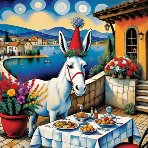 Prompt: (Marc Chagall-inspired surreal scene, primitive, Christmas card, charming stone Mexican outdoor restaurant, white donkey wearing festive hat, Burro, French chef, dressed for Christmas beautiful large pool surrounded by vibrant flowers, lake in background, tables with umbrellas, flowers on the tables, Christmas time, sign that says YVES. RESTAURANT , walls adorned with painted flowers, tile roof, lovers floating in the whimsical sky, graceful wings, grass, surrounded by vibrant flowers, , poinsettia, wreath, majestic avocado tree in front, enchanting magical, twinkling Christmas lights, Mexican style, atmosphere, dreamy mountains in the background, swirly   sky, (vivid colors), (4K, ultra-detailed), (cubist, whimsical).