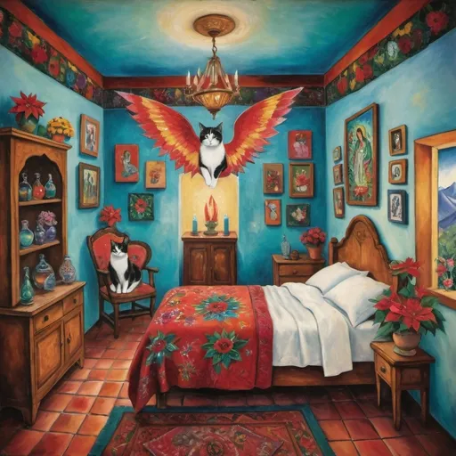 Prompt: (Marc Chagall painting cubist primitive 
surrealism style charming Mexican casita bedroom, Mexican Christmas, virgin of Guadalupe,  painted flowers, white walls, arched windows,, turquoise bedspread hearts, Tuxedo cat, Mexican textiles, whimsical ambiance, tile roof, turquoise armoire with painted flowers, glowing, delicate wings, bright flowers, playful cats, enchanting atmosphere, poinsettias, magical, sunflowers, lace curtains, harlequin  tuxedo cat, Freida Kahlo influences, guitar, angel, mountains, candles, cozy pillows, ultra-detailed, magical charm, artistic masterpiece.